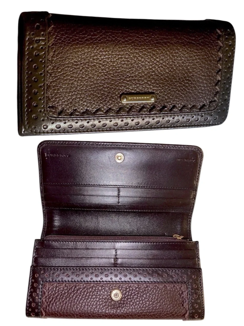 BURBERRY Pebbled Leather Long Wallet, Brown, 7.5”x4” x 1”